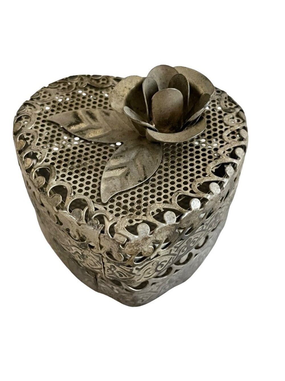 Vintage Heart Trinket Box Silver Tone Pierced Metal Floral Lid Jewelry Box 1970s